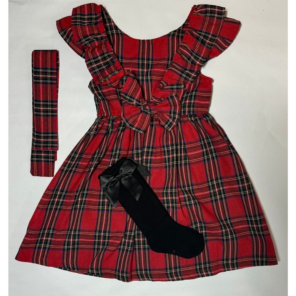 NEW Toddler Girls Christmas Set - Plaid Ruffle Trim Sleeveless Dress w/ Bow